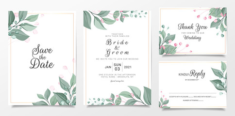 Wall Mural - Wedding invitation card template set with elegant leaves border. Greenery leaves illustration for background, save the date, invitation, greeting card, etc