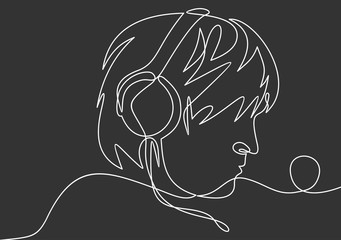 Wall Mural - profile portrait of man in headphones - continuous line drawing