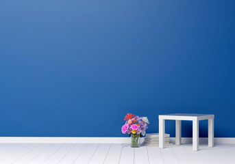 white chair with colorful flower in classic blue color living room. Minimal style concept. pastel color style.