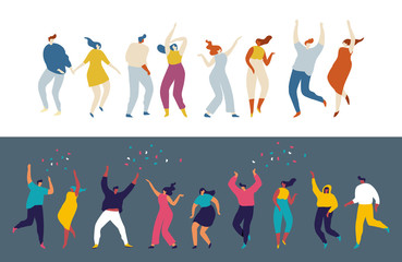 Dancing people flat vector set. Young people having fun. Party. Celebration.