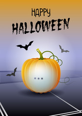 Poster - Happy Halloween. Sports greeting card. Realistic ping pong ball in the shape of a Pumpkin. Vector illustration.