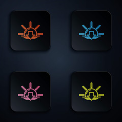 Sticker - Color neon line Sunset icon isolated on black background. Set icons in colorful square buttons. Vector Illustration