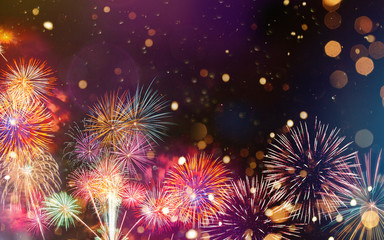 Colorful firework with bokeh background. New Year celebration, Abstract holiday background