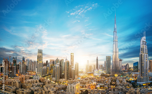 Amazing panoramic view on Dubai futuristic skyline, Downtown Dubai, United Arab Wallpaper Mural