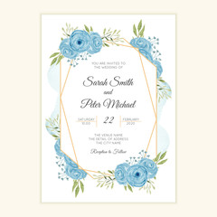 Rustic wedding invitation card with watercolor blue flower frame