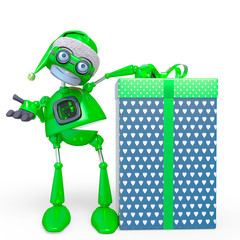 santa bot beside the gift box in white background