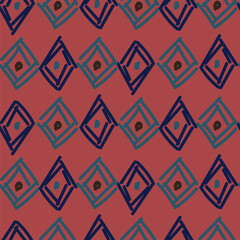 Wall Mural - Rhombuses hand drawn abstract irregular shapes seamless pattern. Blue brown repeat background for wrap, textile and print design.