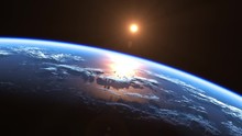 Sun Above Blue Planet Earth. View From Space. Ultra High Definition. 4K. 3840x2160. Seamless Looped. Realistic 3d Animation.