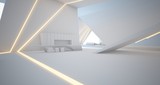 Fototapeta Sypialnia - Abstract architectural white interior of a minimalist house with swimming pool and neon lighting. 3D illustration and rendering.