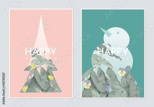Minimalist new year greeting card template design, pine tree and snowman deco...