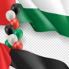 Canvas Print - United Arab Emirates patriotic banner with copy space. Realistic waving UAE flag and colorful air balloons decoration on transparent background. Official holiday vector illustration in national colors