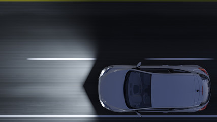 Top View of a White Sports Car Moving in the Dark 3D Rendering