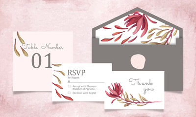 Wall Mural - Ready to use card or wedding invitation design; arrangement of watercolour Leucadendron flower; design template; floral elements and envelope