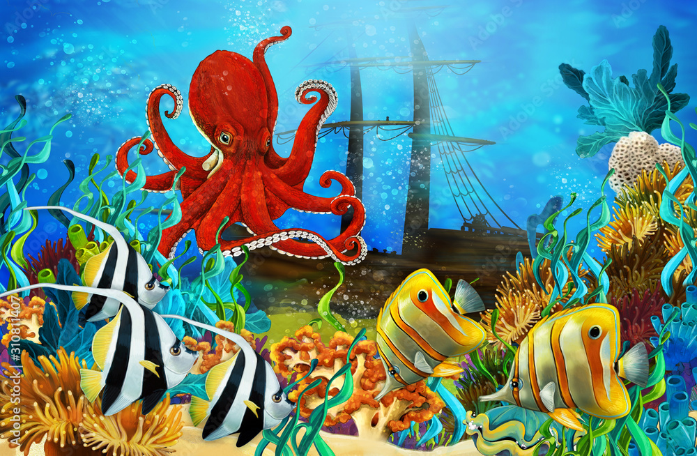 cartoon scene animals swimming on colorful and bright coral reef ...