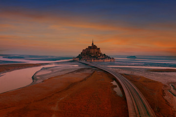 Wall Mural - Aerial view of Panoramic view with sunset sky scene at Mont-Saint-Michel, Normandy, France