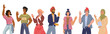 © Мария Гисина - Multicultural diverse young people group with greeting welcoming gesture, flat cartoon vector illustration isolated. Diverse ethnic men and women in diversity and multiculturalism concept.