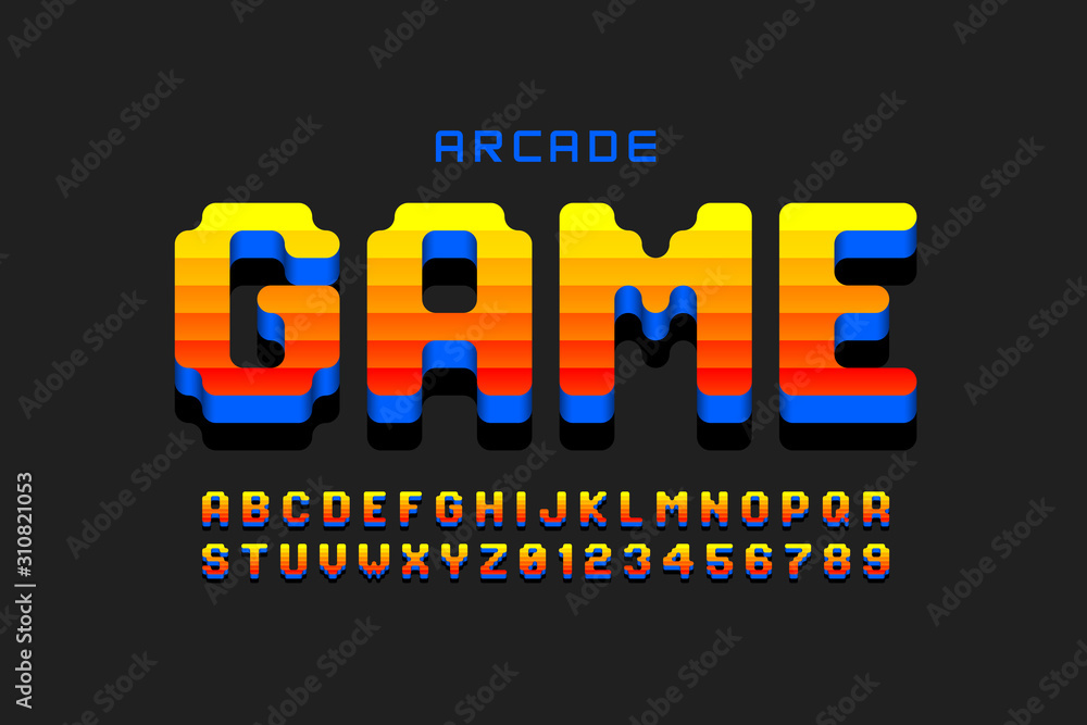 Arcade game style font design, retro 80s video game alphabet, letters and numbers - obrazy, fototapety, plakaty 