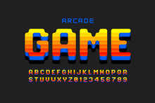 Arcade Game Style Font Design, Retro 80s Video Game Alphabet, Letters And Numbers