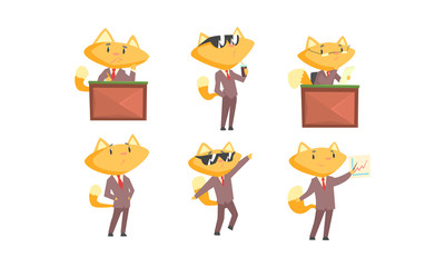 Sticker - Businessman Fox Character Drinking Beverage Vector Illustrations Set