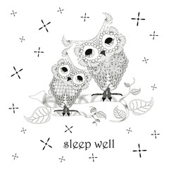 Sleep well owls monochrome banner. Two cute cartoons owl sleep on branch stock vector illustration for web, for print