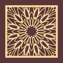 Laser cutting panel. Golden floral pattern. Gift or favor box silhouette ornament. Vector coaster design for metal, wood, paper work.