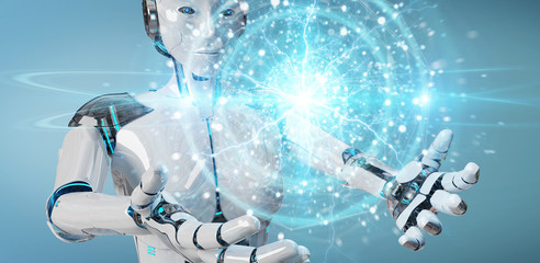 Wall Mural - white robot creating renewable and sustainable eco energy with electrical sphere 3d rendering