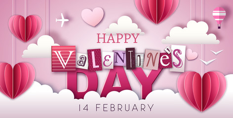 Happy Valentine`s day background with love hearts in the sky. Cut out paper art style design