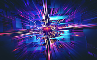 Big Data concept. Digital city, orbital station, teleport, portal 3D illustration. Innovation in hi-tech industry. Global Information Field. High-speed flight in abstract cyberspace