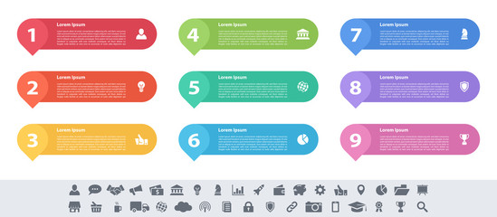 Infographic design business concept vector illustration with 9 steps or options or processes represent work flow or diagram or web button banner