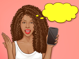 african american woman holds smartphone. delighted black girl showing mobile phone screen. vector po
