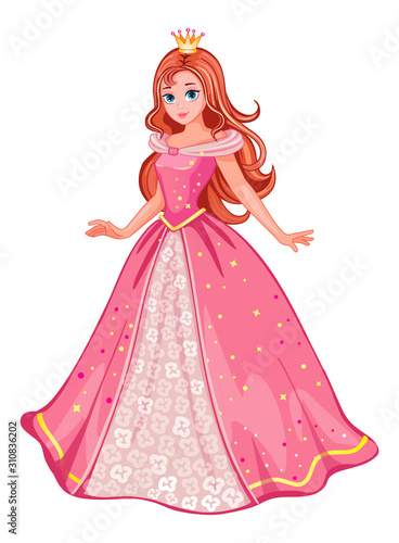 A girl in the pink ball gown. Beautiful fairytale princess on white backgroun...