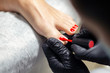 Hands in black gloves are doing red pedicure or manicure on woman's toes, close up.