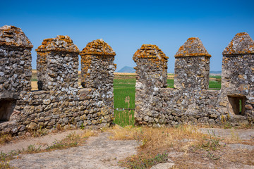 The abandoned stone Aguzaderas Castle in El Coronil, Spain, a ruined 14th century Morrish castle, rests in a field of sunflowers on a cloudless, summer day.