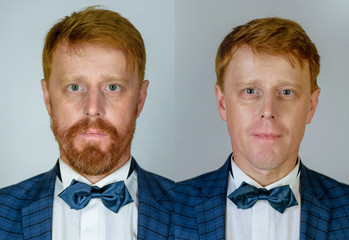 Portrait of a man before and after being groomed. Long beard. Hair style for handsome man. Set of men portrait. Shaven vs unshaven man. Bearded man or hipster set. In blue suit.