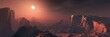 © ustas - Panorama of an alien landscape at sunset, the surface of Mars in the sun, 3D rendering.