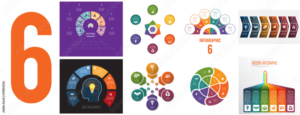 Set 8 universal templates for Infographics conceptual cyclic processes for 6 positions possible to use for workflow, banner, diagram, web design, timeline, area chart,number options - obrazy, fototapety, plakaty 