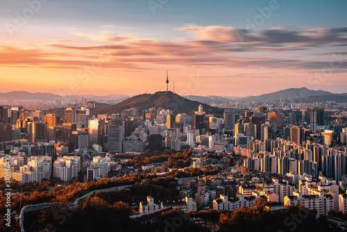 Seoul city Downtown skyline in Seoul, South Korea. Wallpaper Mural