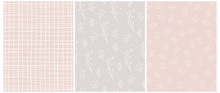 Seamless Vector Patterns With White Irregular Hand Drawn Grid And Abstract Twigs Isolated On A Pastel Pink And Light Warm Gray Background. Simple Geometric And Floral Prints For Fabric,Wrapping Paper.
