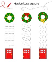 Poster - Handwriting practice sheet. Basic writing. Educational game for children.  Connect Christmas wreaths and doors.