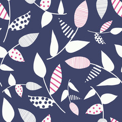 Poster - Abstract white doodle leaves on blue background. Minimalistic seamless vector nature pattern. Pink white blue leaf shapes illustration. Use for fabric, surface pattern design, wallpaper, wrapping