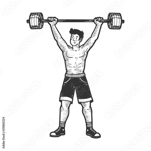Cuadros en Lienzo Athlete weightlifting barbell sketch engraving vector illustration