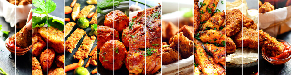 Collage of diverse food. Various tasty and healthy food. Meat chicken food.