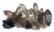 Cluster Of Brown Smoky Quartz Crystals And Black Tourmaline (schorl Variety), Isolated On A White Background.