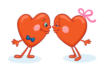 Sticker - Two funny kissing hearts. In cartoon style. Isolated on white background. Vector Illustration. Card for Valentine's Day.