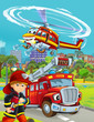 © honeyflavour - cartoon scene with fire brigade car vehicle on the road and fireman worker - illustration for children