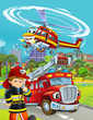 © honeyflavour - cartoon scene with fire brigade car vehicle on the road and fireman worker - illustration for children