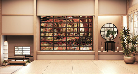 Paper window wooden design on Empty room white on wooden floor japanese interior design.3D rendering