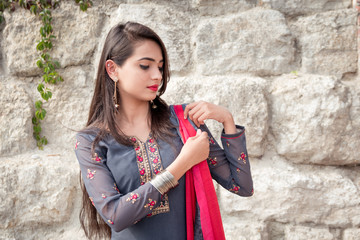 Portrait of indian girl in traditional dress. Traditional accessories of Indian girls. 