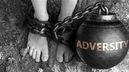 Adversity as a negative aspect of life - symbolized by word Adversity and and chains to show burden and bad influence of Adversity, 3d illustration