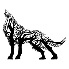 Illustration with mysterious wolf howl silhouette double exposure blend tree. Tattoo design.